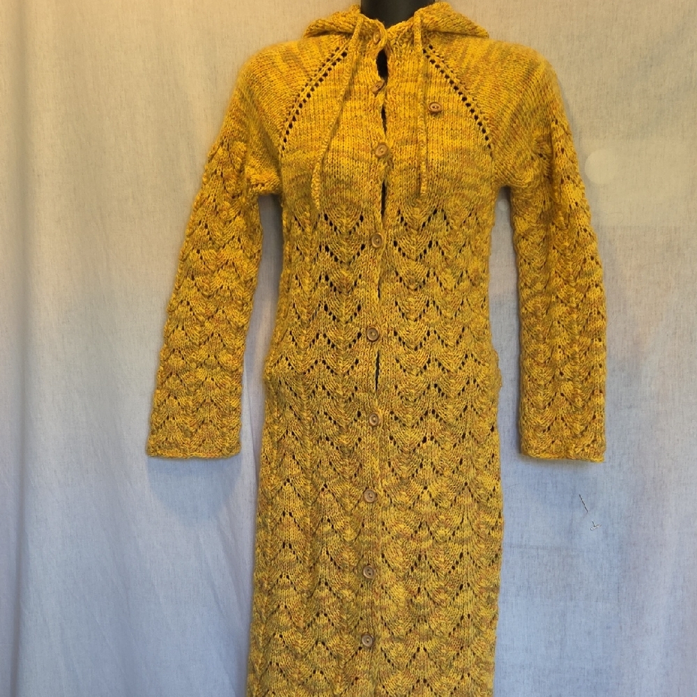 Hand Knitted Yellow Wool Hooded Long Cardigan